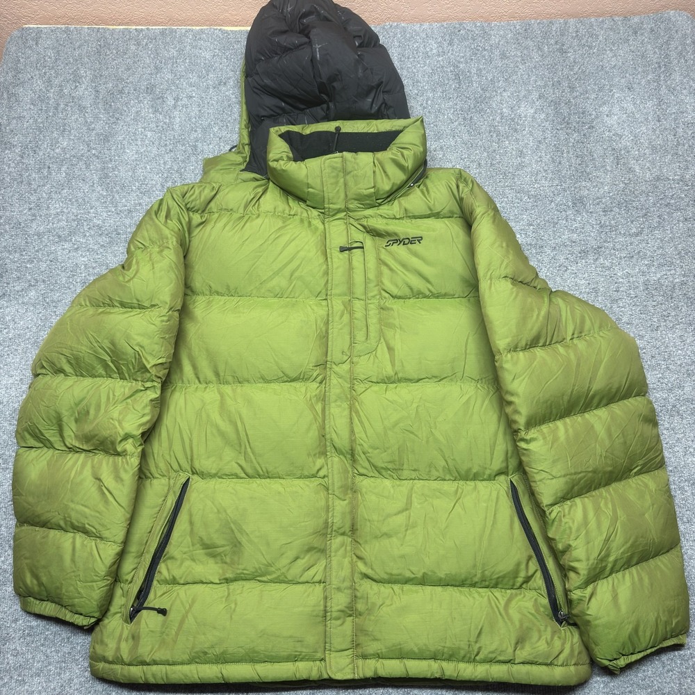 Spyder Down Jacket Mens XL Green Hooded Puffer Insulated Ski Snow Winter Coat - Picture 1 of 13